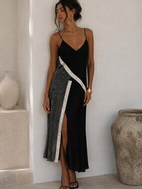 Adeam Black White Undone Sleeveless Maxi Dress Womens 4 Artsy Buttons Satin